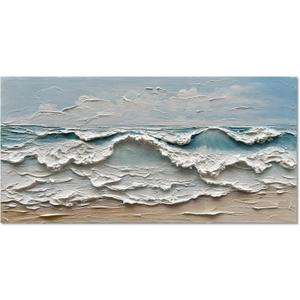 Art 30x60 inches Hand-Painted Sea Wave Beach Landscape Oil Painting Modern Abstract Canvas Art Home Office Wall Decoration (Dn193)