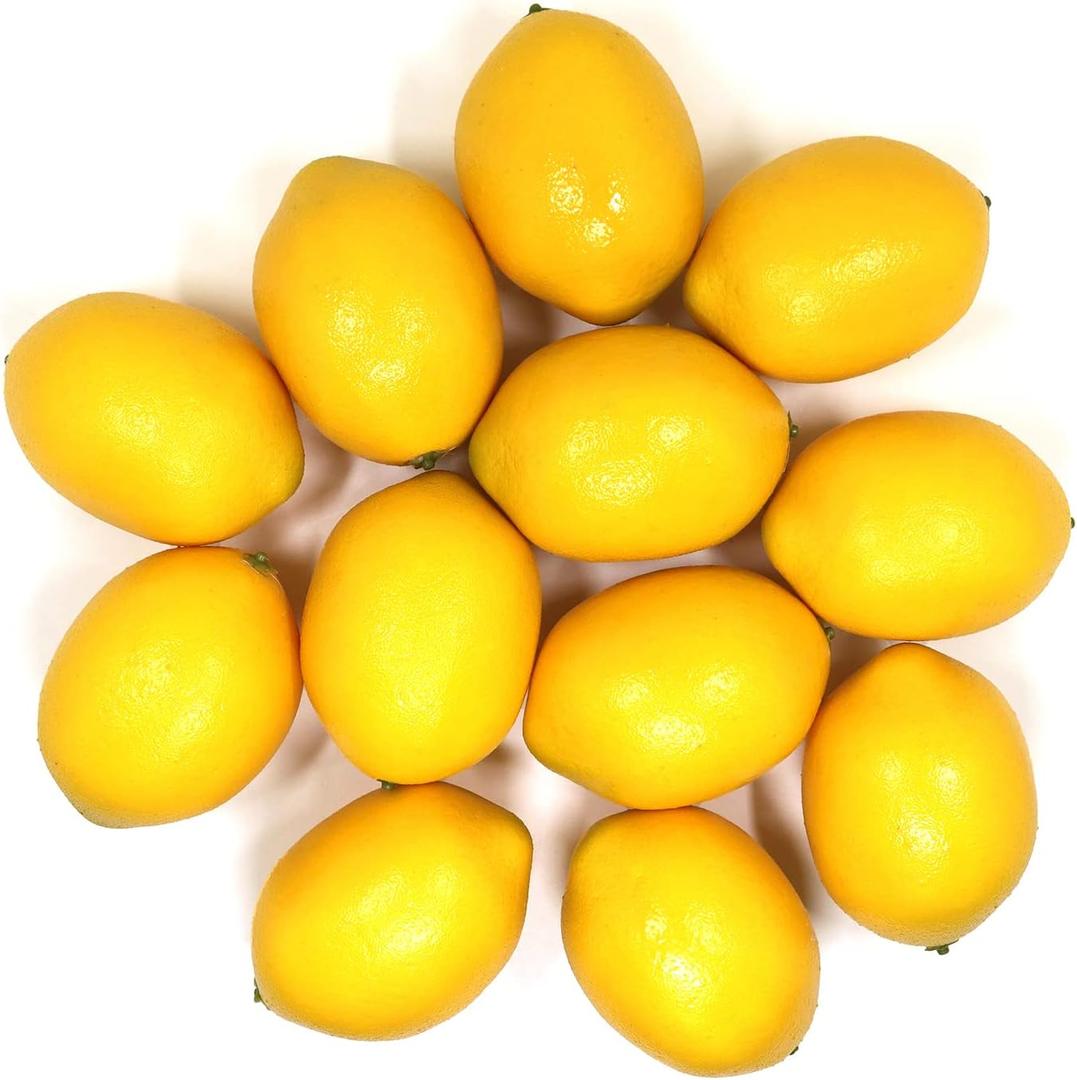 12pcs Artificial Lemons - Yellow Fake Lemons Faux Fruit for Home Kitchen Table Fruit Bowl Cabinet Party Xmas Decor (3.1 inch)