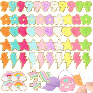 Self-Adhesive Chenille Patches for Girly Bags: NICEVINYL 57PCS Multicolor Flower Star Heart Cute Patch Embroidered Stick on - Lighting Rainbow Sticker Applique for Clothing Fabric Backpack Decor