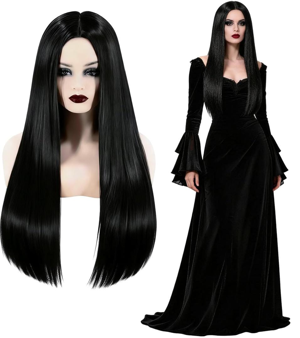 Gothic Long Straight Center Part Black Wig for Adult Women - Cute & Playful, Perfect for Halloween Cosplay