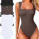 OQQ Women's 3 Piece Bodysuits Sexy Ribbed Strappy Square Neck Sleeveless Tummy Control Tank Tops Bodysuits (Medium, Black,tea Leaf,white)