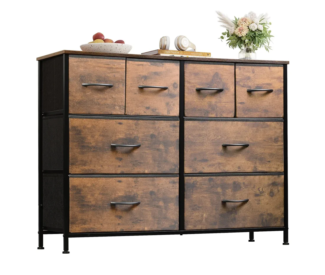 WLIVE Dresser for Bedroom with 8 Drawers, Wide Fabric Dresser for Storage and Organization, Bedroom Dressers, Chest of Drawers for Living Room, Closet, Entryway, Rustic Brown Wood Grain Print