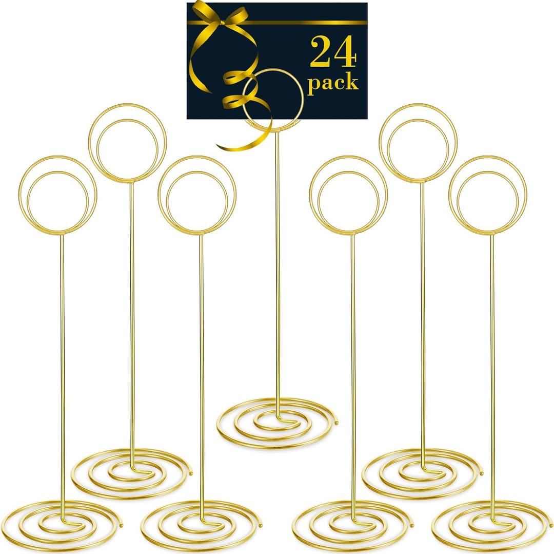 24 Pack 8.86 Inch Table Number Holder Wire Photo Holder Picture Name Menu Clips Memo Note Cards Stand for Wedding Reception Anniversary Birthday Centerpieces(Gold)