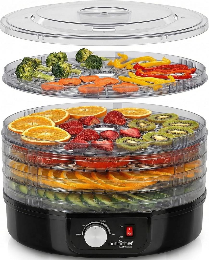NutriChef Electric Countertop Food Dehydrator - Professional Multi-Tier Food Preserver - Dehydrates Fish, Meats, Mushrooms, Fruits & Vegetables - 5 Easy to Clean Stackable Trays., One Size, Black
