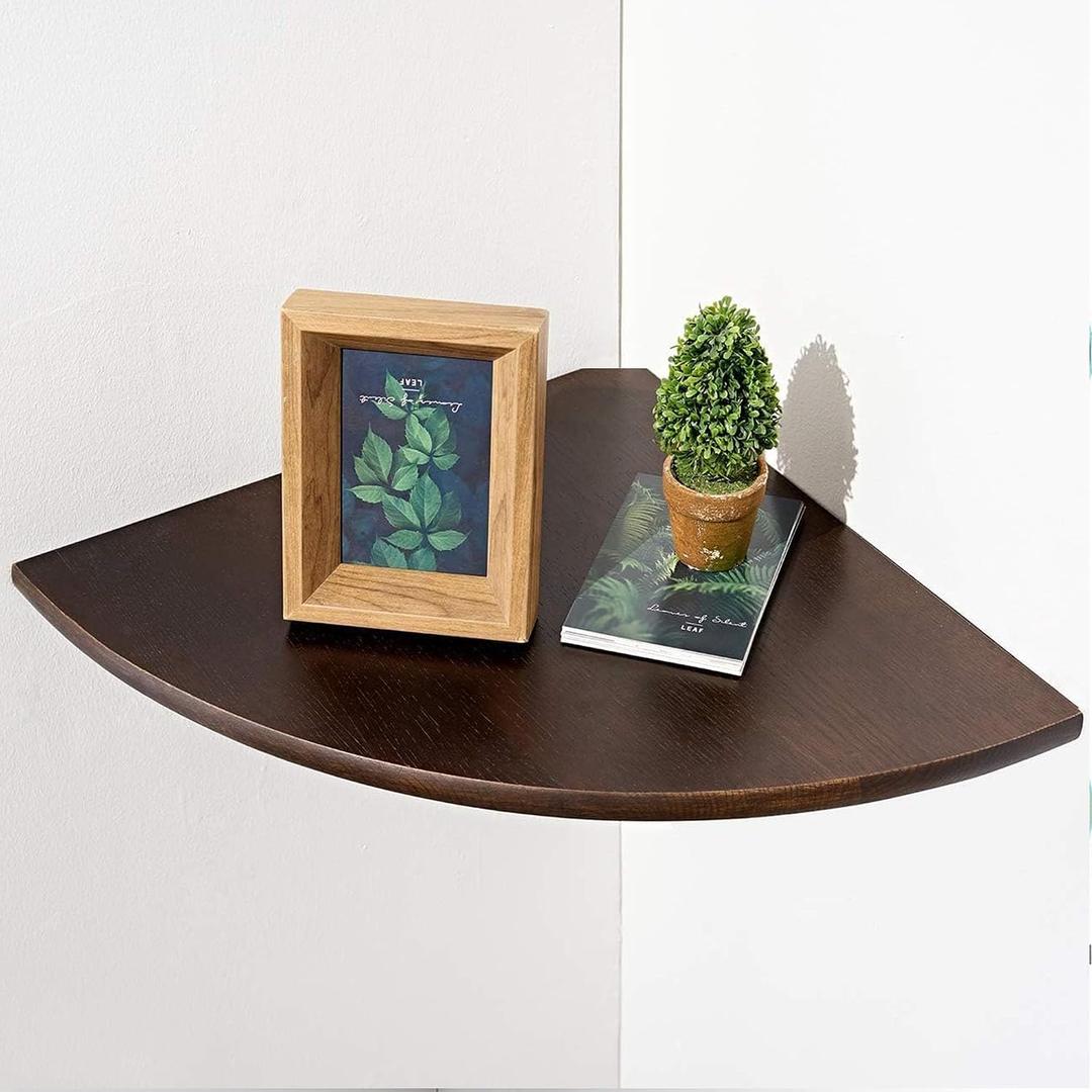 Corner Shelf,14inch Walnut Solid Wood Floating Corner Shelves Wall Mount Round End Floating Speaker Rack with Wire Hole for Small Plant for Bedroom Kitchen, Living Room, 13.78in