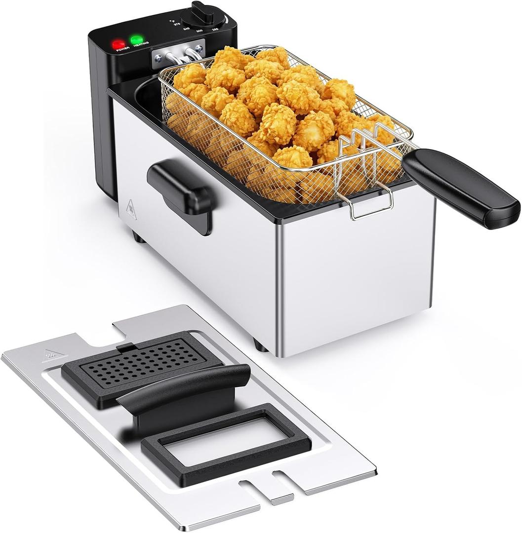 NEWBULIG Deep Fryer with Basket, 3 Liter Electric Deep Fryer with 1500W Power, Adjustable Temperature, Lid with Viewing Window for Fried Chicken, Shrimp, French Fries, Silver