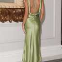 Womens Elegant Satin V Neck Backless Sleeveless Maxi Dress Silk Tie Low Back Formal Cocktail Dresses Wedding Guest (Green, S)