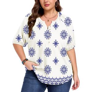 ForHailey Women's Plus Size Short Sleeve Summer Tops Casual Button Down V Neck Blouses Floral Clothing Trendy (White, M)