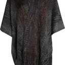 ZLYC Women's Shawl Golden Trim Knit Blanket Wrap Fringe Poncho Coat Cardigan (Space Dyed Black)
