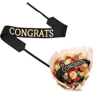 Set of 12 Bouquet Banner Grosgrain Ribbon Tie Wrap Printed Sash Florist Bulk Supply for Floral Arrangements (Black - Congrats)