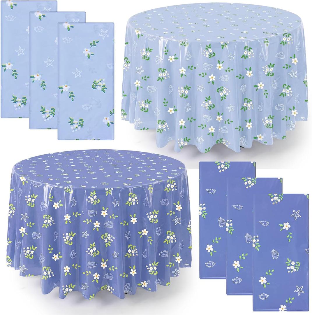 Chumia 6 Pcs Blue Coastal Tablecloth, 84 x 84 inches, Round Coastal