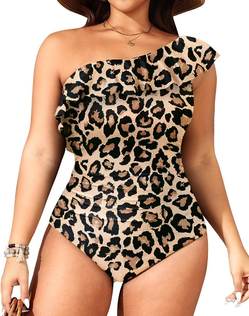 Aqua Eve Plus Size Bathing Suits for Women One Piece Swimsuits One Shoulder Ruffle Tummy Control Swimwear