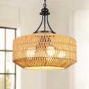 5-Light Rattan Pendant Light, 18.8" Large Boho Chandeliers for Living Room, Dining Room, Hand Woven Wicker Fixture with Adjustable Cord, Coastal Farmhouse Hanging Lamp for Kitchen Island