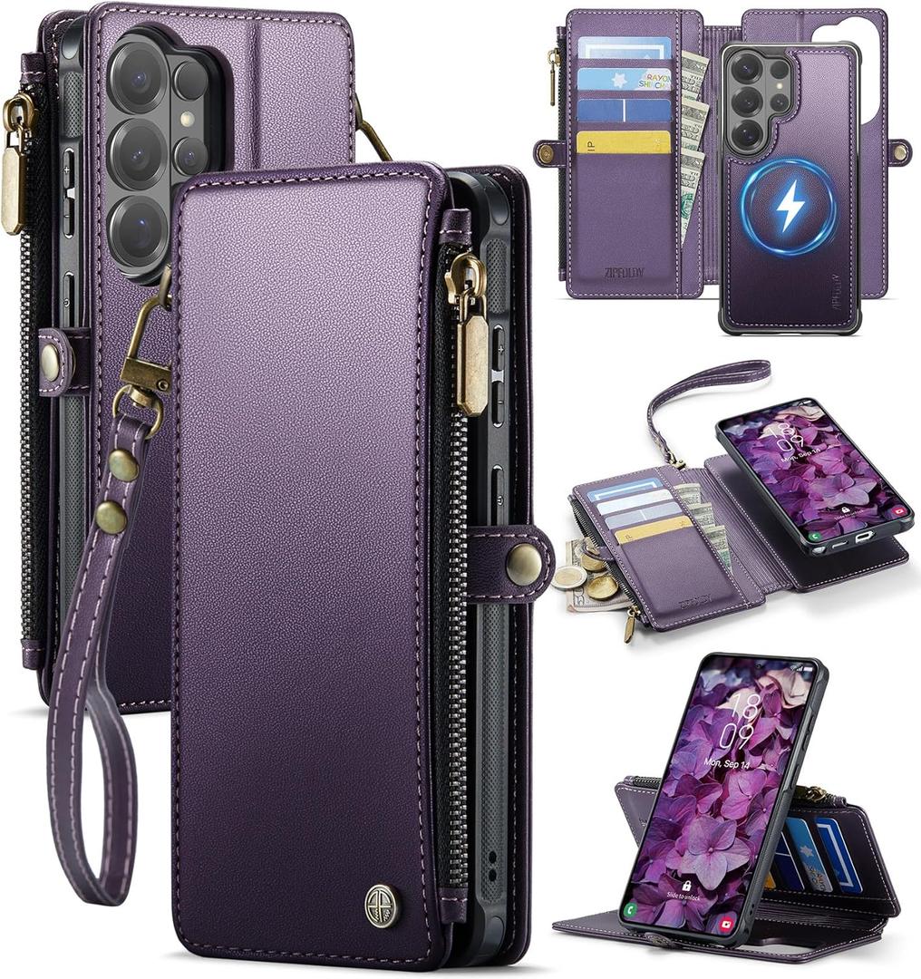For Samsung Galaxy S26 Ultra Wallet Case Magnetic [Compatible with Magsafe] [RFID Blocking Card Holder] [Zipper] Detachable Drop-proof Protective Phone Cases for Galaxy S26 Ultra 6.9", Purple