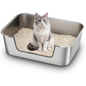 Stainless Steel Cat Litter Box with Low Entry, Large Metal Kitty Litter Box for Senior or Injured Cats, Odor-Free, Non-Stick, Easy to Clean, 23.4"x15.6"x7.8", for Multiple Cats (Silver)