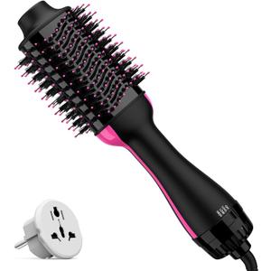 Dual Voltage Hair Dryer Brush with European Plug, Blow Dryer Brush for European Travel, 110V-120V/220V-240V Hot Air Brush and Styler Volumizer with Negative Ion Anti-frizz