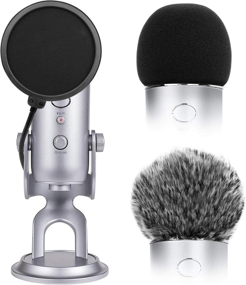 ChromLives Microphone Cover with Pop Filter, 3 in 1 Mic Furry Windscreen Microphone Foam Cover Pop Filter Compatible with Blue Yeti and Yeti Pro Condenser, Combo 3Pack