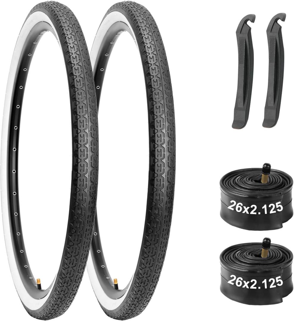 26x2.125 Cruiser Bike Tires Set: Black/White Wall Folding Replacement Tires and Pair 26-inch Inner Tubes for Beach Cruiser and Urban Commuting Bicycle