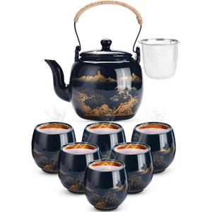 Kitchtic Japanese Tea Pot Sets for Adults - Traditional Japanese Tea Pots - Decorative Tea Pot and Cups Set for Tea Lovers, Weddings, or Housewarming - Set of 7 - Blue