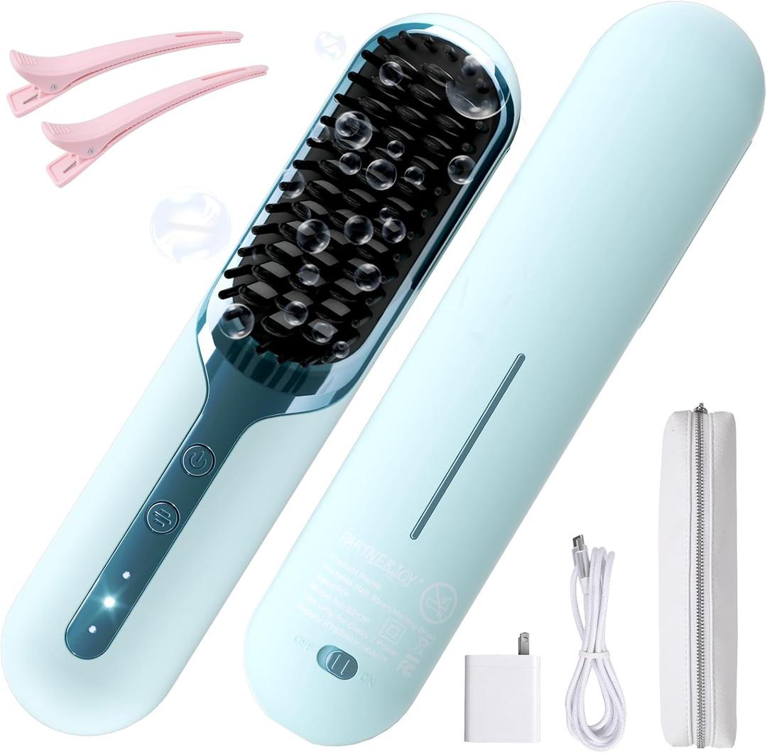 Hair Straightener Brush- Cordless Hair Straightener Brush for Short Hair,3 Heat Settings for All Hair Types, on-The-go Straightening Brush-Mini Portable Travel Straightening Hair Comb Brush (Blue)