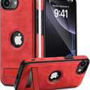 for iPhone 16E Leather Case, Built-in Foldable Alloy Stand, Logo View Design Slim Shockproof Kickstand Phone Cover 6.1 Inch (Red)