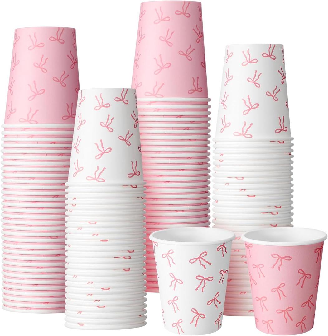 Qinyoung 100 Count Pink Bow Paper Cups 9oz Coquette Pink Coffee Cups Disposable for Bow Birthday Wedding Bridal Baby Shower Classroom Party Supplies