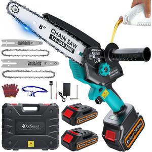 Mini Chainsaw Cordless, 8 inch & 6 inch Electric Chain Saw with 2 Pack Rechargeable Batteries, Battery Powered Handheld Saw for Trees Trimming Wood Cutting, Perfect Gardening Tools for Men Dad Husband (Blue)
