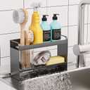 Sponge Holder for Kitchen Sink, 2 Tier Organizer with Detachable Brush Holder, Rustproof & Auto Draining Sink Caddy for Dish Soap Brush Scrubber Kitchen Accessories Storage, Black