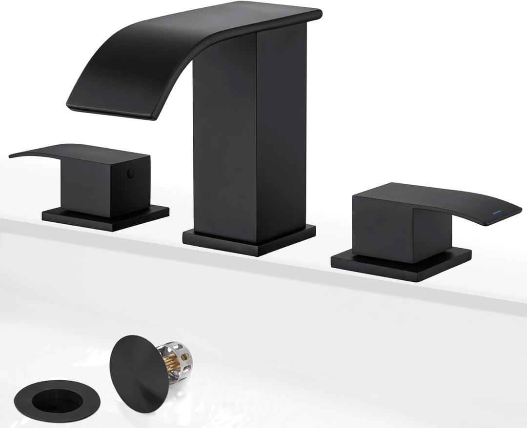 GAGALIFE 8 Inch Waterfall Bathroom Faucets - 3 Hole Widespread Bathroom Faucet with Pop-up Drain, Bathroom Sink Faucet, Modern Vanity Sink faucets with Supply Lines, Matte Black, JJL-3JT-PB-B-DXS-X
