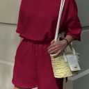 PRETTYGARDEN Women's 2 Piece Lounge Sets 2025 Summer Short Sleeve Tunic Tops Drawstring Shorts Matching Outfits Tracksuits (Wine Red,Small) (S)