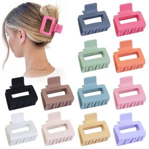 Sisiaipu 2 Inch Medium Hair Claw Clips 12 Pcs Square Hair Clips for Thin Hair Matte Nonslip Acrylic Banana Jaw Clips Bulk Hair Accessories for women and Girls - Colorful