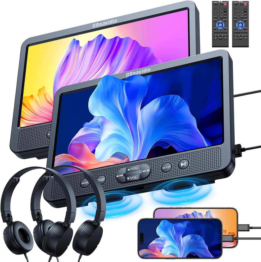 GOnavidio 10.1" Dual Car DVD Players with HDMI Input, Headphones, Mounting Brackets, Headrest DVD Players for Car Support USB/SD Card, AV in/Out, Last Memory, Play A Same or Two Movies, No Battery
