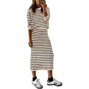 PRETTYGARDEN 2 Piece Skirts Sets For Women Fall Fashion 2025 Striped Sweater Dress Knit Lounge Travel Outfits Winter Clothing (Small)
