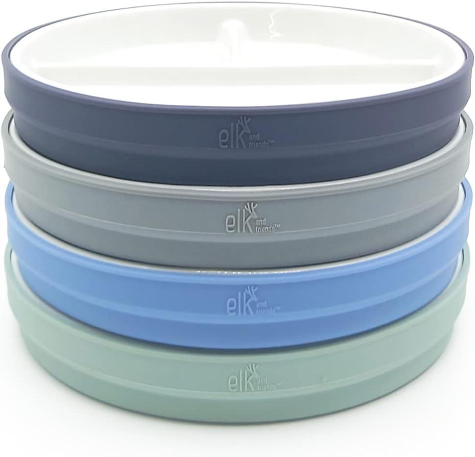 Elk and Friends Kids 6.7 Porcelain Divided Plates with Silicone Sleeves | Suitable for Babies/Kids/Toddlers | Microwave & Dishwasher Safe | Non Slip | Snack Dishes (Sage/Misty Blue/Navy/Gray)