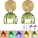 Vintage Battery Operated Wall Sconce with Green Tulip Glass Lampshade Wireless Rechargeable Battery Powered Wall Light with Remote Control for Bedside Bedroom Doorway, Set of 2 (Battery Operated (2 pack), Tulip Green)