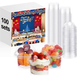 SiliFine 100 Sets Clear Plastic Cups for Ice Cream, 3.5 oz Dessert Fruit Cups with Dome Lids No Hole, Mini Sundae Tasting Bowls for Fruit Yogurt, Ice Cream, Pudding, Smoothie, Cupcake, Snack
