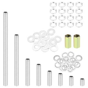 MECCANIXITY 56Pcs 8 Size Lamp Pipe Nipples Kit with Hex Nuts Washers, M10 Fine Threaded Hollow Tube Repair Hardware Fasteners Assortment for Assembly Chandelier Ceiling Lamp DIY, Silver