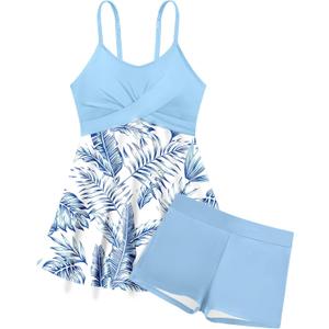 Girls Swimsuits Criss Cross Tropical Print Mesh Dress Bathing Suits with Shorts 2 Piece Tankini for Teens (13-14 Years, Blue)