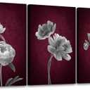 Rustic Wall Art Burgundy Black and White Floral Pictures Vintage Canvas Paintings Rustic Farmhouse Flower Artwork Framed Prints Ready to Hang for Bathroom Bedroom Office 16x24 Inch, 3 Panels