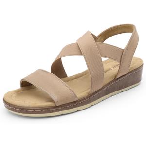 DREAM PAIRS Women's Summer Dressy Low Wedge Heels Comfortable Slip on Casual Flat Sandals for Walking Vacation (9, Nude)