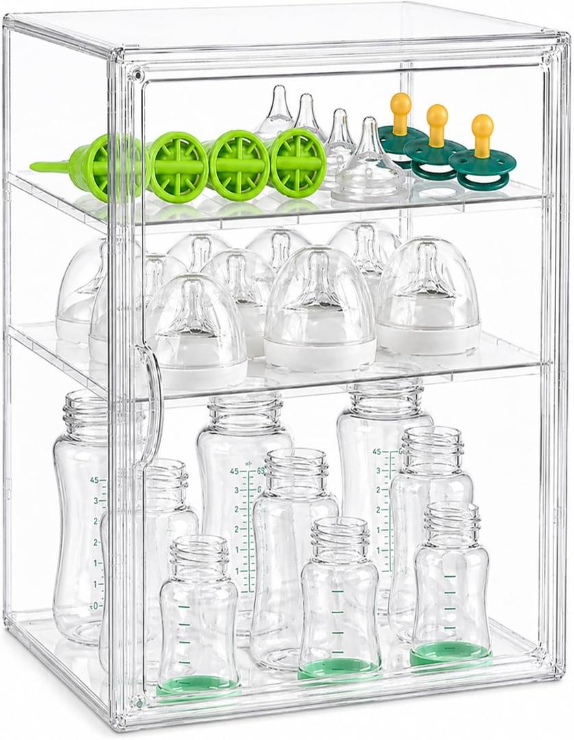 Baby Bottle Organizer, 3-Tier Clear Bottle Station Organzier for Countertop Cabinet, Acrylic Storage Organizers Container with Magnetic Door for Bottles, Pacifiers, Pump Parts