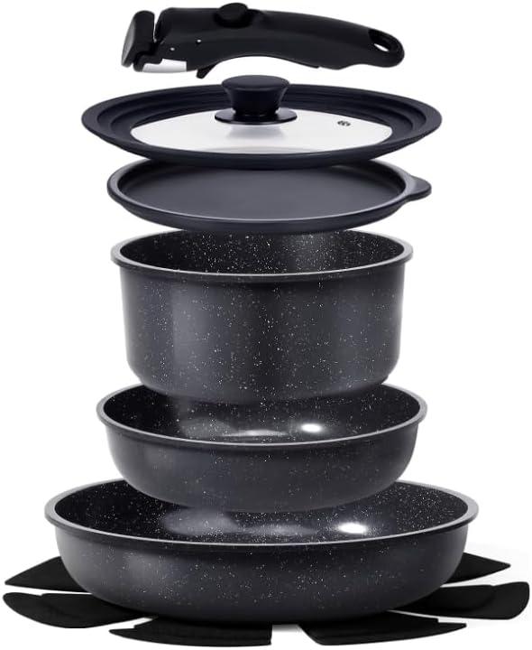 GiPP Ceramic Pots and Pans Set Non Stick, Nonstick Detachable Handle Cookware Sets, Healthy Non Toxic PFAS PFOA & PTFE Free, Dishwasher Oven Safe, Induction Kitchen Pot and Pan, 8 Piece Grey (Dark Gray)