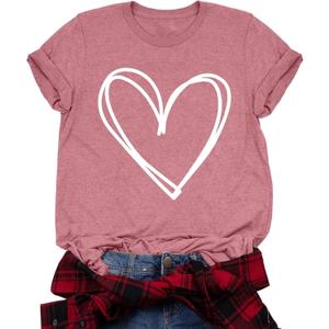 LAZYCHILD Valentines Shirts for Women: Cute Love Heart Shirt Valentine T Shirt Red Short Sleeve Casual Hearts Tops (Medium, Pink)