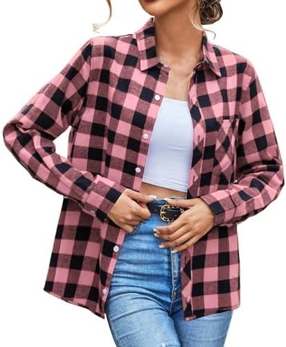 SANGTREE Girls & Women's Long Sleeve Flannel Plaid Shirt Button Down Shirts
 Size L