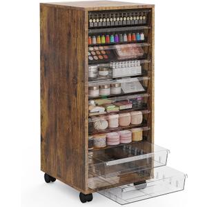 WOPITUES Storage Drawer Cart, Mobile Storage Cabinet, Makeup Storage with 10 Large Clear Drawers, Utility Wooden Rolling Cart on Wheels, for Cosmetic, Art Craft, Office Supplies, Toy, Brown