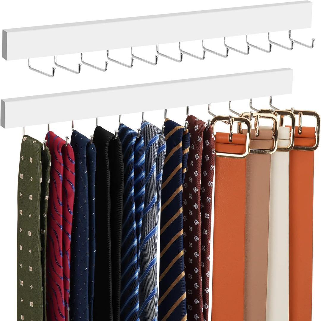 ZEDODIER 2 Pack Wodden Tie Hanger Wall Mounted, Space Saving Belt Organizer for Man with 24 180 Rotating Hooks, Space Saving Belt Storage Holder, White
