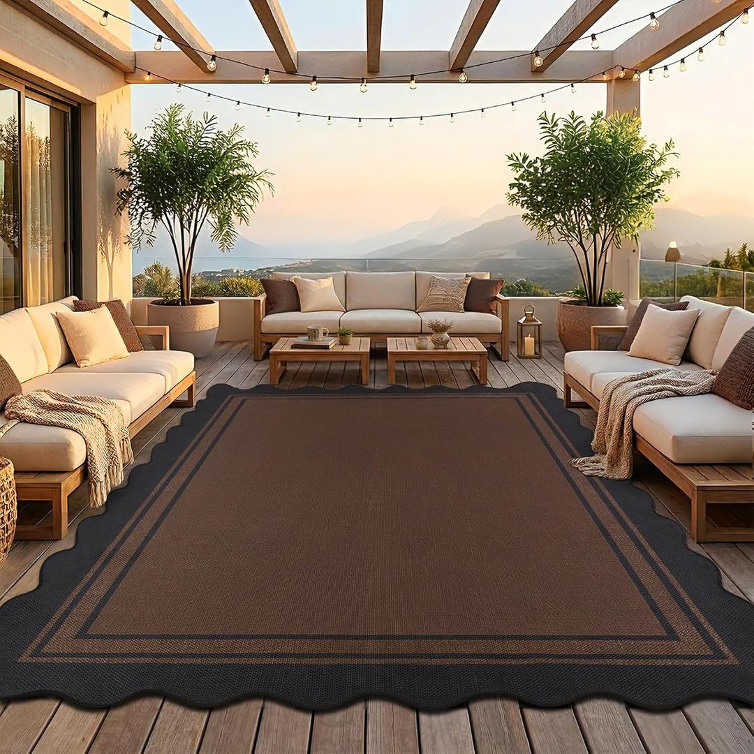 8x10 Scalloped Rug Easy Jute Washable Rug for Living Room Indoor Outdoor Black Brown Geometric Non Slip Carpet for Under Table Neutral Carpet for Backyard Patio Dining Room