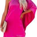 Jhsnjnr Women's Casual Batwing Sleeve One Shoulder Dresses Summer Club Party Cocktail Dresses (Large, Hot Pink)