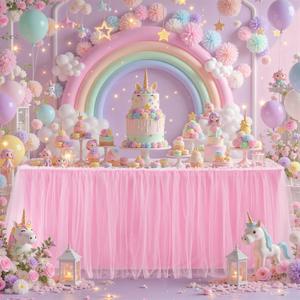 6FT Length Pink Tulle Table Skirt for Rectangle Tables 2-Layer Ruffle Tulle Tutu Cloth Desk Table Skirt for Baby Shower Princess Birthday Party Cake Dessert Gender Reveal Decorations
