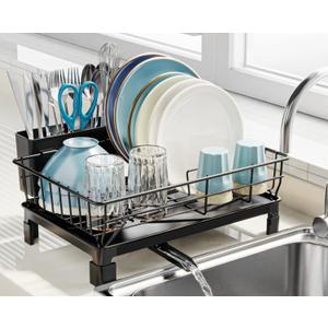 GSlife Small Dish Drying Rack for Kitchen Counter with Drainboard - Compact Dish Drainer for RV, Camper and Apartment, Rust-Resistant Wire Rack with Utensil Holder, 15"L x 10"W, Black